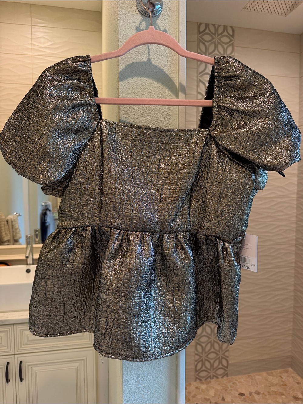 Metallic Puff-Sleeve Square Neck Top - Black